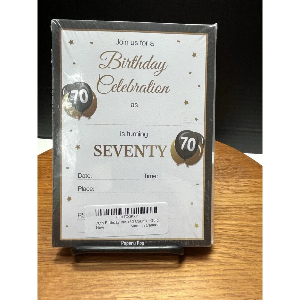 70th Birthday Invitation Cards Envelope Papery Pop Gold Fill-In Blank 30 Pack